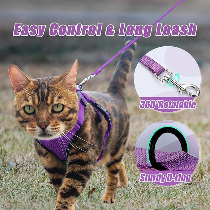 Cat Harness and Leash Set,Escape Proof Adjustable Cat Harness,Soft and Breathable Kitten Harness and Leash with Reflective Strips for Walking and Traveling(Purple, Small(8.9-16.6lb))