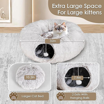 Cat Tunnel Bed for Indoor Cats, Peekaboo Cat Cave with Washable Soft Play Mat, Furry Cat Tube, for Kitten/Puppy/Rabbit, Brown