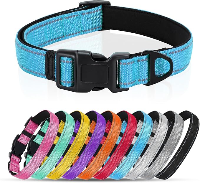 Reflective Dog Collar with Quick Release Buckle - Metal Ring - Adjustable Soft Neoprene Padded Basic Dog Collar for Small Medium Large Dogs (SkyBlue, Large :Width 1",Neck 15.7-23.6")