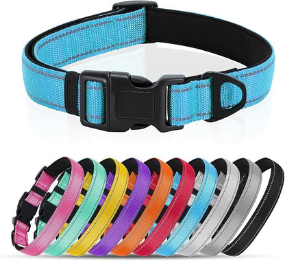 Reflective Dog Collar with Quick Release Buckle - Metal Ring - Adjustable Soft Neoprene Padded Basic Dog Collar for Small Medium Large Dogs (SkyBlue, Large :Width 1",Neck 15.7-23.6")