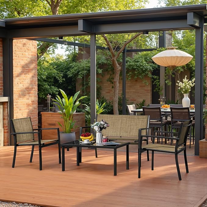 Greesum 4 Pieces Outdoor Furniture Set All Weather Patio Conversation Set with Porch Loveseat, Garden Bistro Chairs with Glass Coffee Table for Garden Backyard Poolside Textile Modern, Yellow