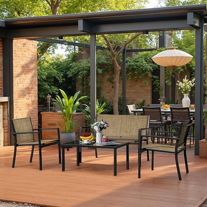 Greesum 4 Pieces Outdoor Furniture Set All Weather Patio Conversation Set with Porch Loveseat, Garden Bistro Chairs with Glass Coffee Table for Garden Backyard Poolside Textile Modern, Yellow