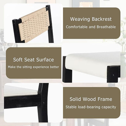 Chogori Wooden Dining Chairs, Modern Farmhouse Kitchen & Dining Room Accent Side Chairs with Woven Rope Back and Fabric Upholstered for Home, Living Room (Black, Set of 4)