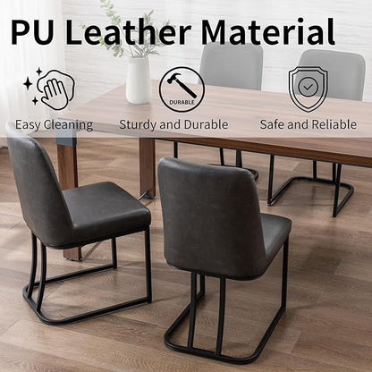 Charcoal PU Leather Dining Chairs Set of 6 Mid Century Modern Comfortable Dining Room Chair with Curved Backrest, Upholstered Kitchen Side Chairs with Black Metal Legs