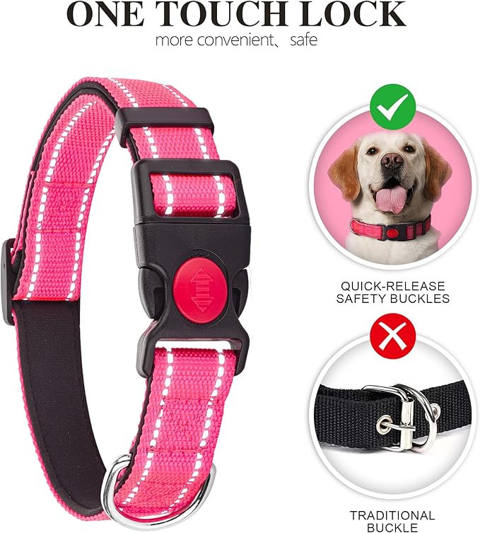 2 Pack Reflective Dog Collars for Medium Large and Small Breed Dogs Male Female,Padded Soft Durable Nylon Neoprene Collar for Puppy Dogs Girl Boy with Quick Release Safety Buckle,Orange,Green,XS
