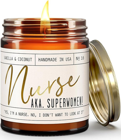 Nurse Gifts for Women - 'Nurse AKA. Superwomen' Soy Candle,w/Vanilla & Coconut I Nursing Gifts for Nurses Female I Nursing Student I Nurse Practitioner RN I Nurse Graduation Gift I 50Hr Burn, USA Made