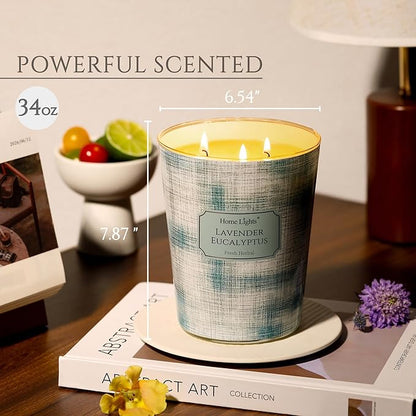 HomeLights 3-Wick Candles for Home Scented - 34oz Soy Wax Blend Candle Long-Lasting Fragrance, Scandinavian Minimalist Design Home Decor and Housewarming Gifts, Lavender Eucalyptus