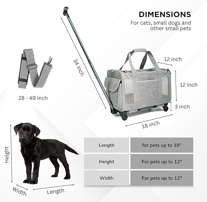 Pet Carrier With Wheels for Dogs Up To 15lbs – Airline Approved Dog Carrier - Rolling Pet Carrier w/ Removable Wheels & Washable Plush Mat – Cat Travel Carrier w/ Telescopic Handle & Shoulder Strap