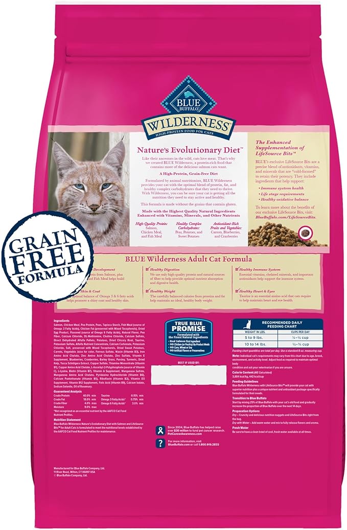 Blue Buffalo Wilderness Natural High Protein, Grain Free Dry Food for Adult Cats, Salmon, 11-lb Bag