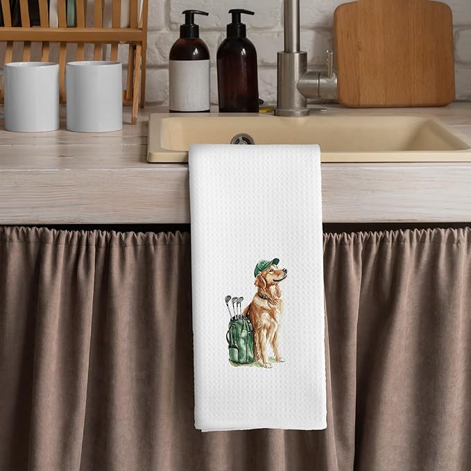 Golden Retriever Kitchen Towels - Golden Retriever Dog Dish Towels, Sports Gifts, Pet Golf Club Decorative Absorbent Dishcloths Hand Towels for Kitchen Gym Decor 16x24 Inches