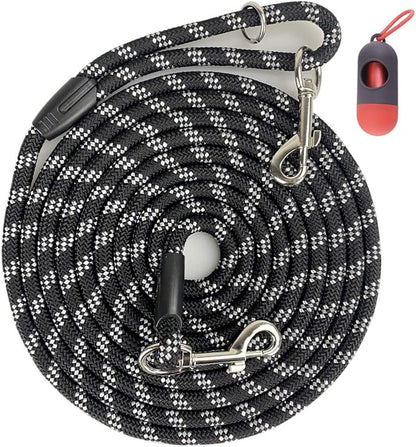 Long Rope Dog Leash for Dog Training 12FT 20FT 30FT 50FT, Reflective Threads Dog Cat Leashes Tie-Out Check Cord Recall Training Agility Lead for Large Medium Small Dogs (Black, 10mm*20ft)