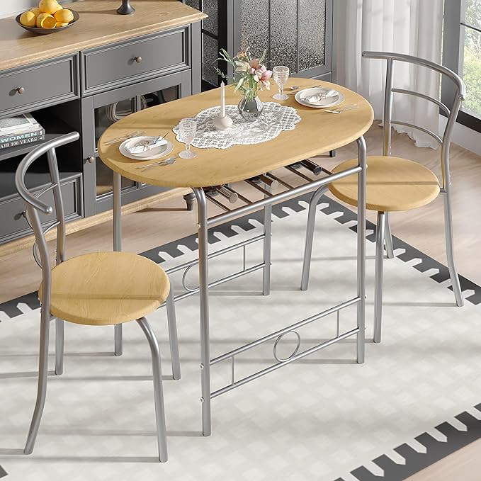 VECELO 3-Piece Dining Table Set for Kitchen Breakfast Nook, Wood Grain Oval Tabletop and Metal Frame with Built-in Wine Rack, for Small Spaces, Natural & Silver