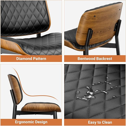 Dining Chairs Set of 6, FSC Certified Mid Century Modern Accent Dining Room and Kitchen Chairs, Upholstered PU Leather Diamond Check Chairs with Walnut Bentwood and Metal Legs, Black