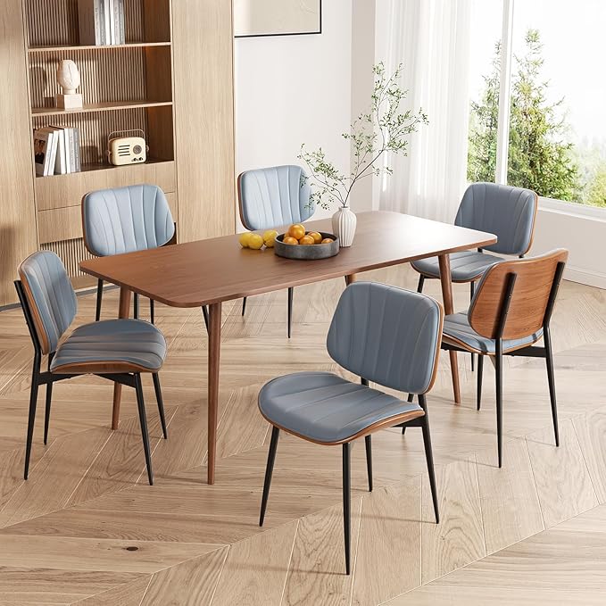 Dining Chairs Set of 2, Mid Century Modern Dining Room Chair, Upholstered Faux Leather Kitchen Chairs with Walnut Bentwood Back and Metal Legs for Kitchen Dining Room Living Room, Blue