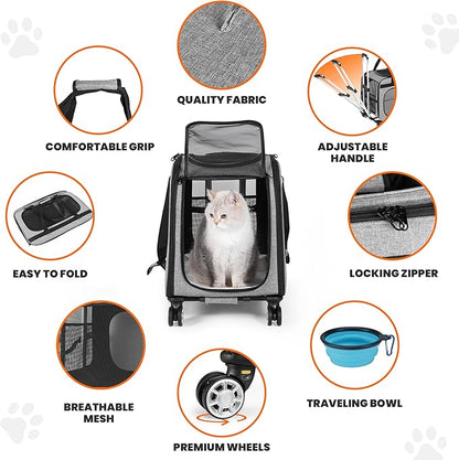 XL Cat & Small Dog Carrier | 25" L x 16" W x 17" H - up to 40 lbs - NOT TSA Compliant - Small Dogs or Large Cat Carrier with Wheels - Extending Handle, 360° Rotation Wheels & Extra Ventilation