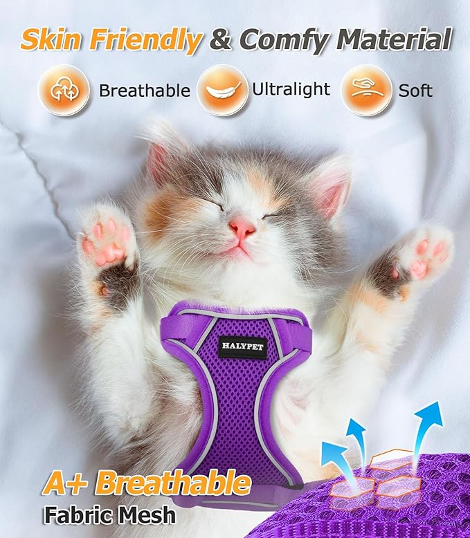 Halypet Cat Harness and Leash Set [MAX Safety 4th-Gen Upgrade] Escape Proof Adjustable Cat Leash Comfortable Soft Vest Easy to Wear Kitten Harness with Reflective Strip for Cats Walking, S Purple
