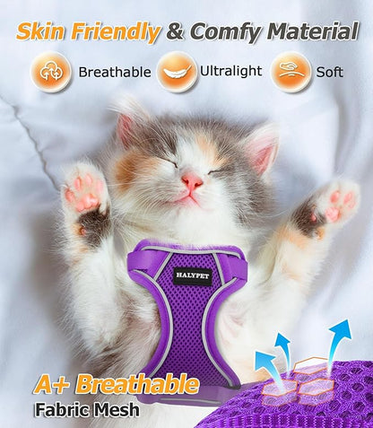 Halypet Cat Harness and Leash Set [MAX Safety 4th-Gen Upgrade] Escape Proof Adjustable Cat Leash Comfortable Soft Vest Easy to Wear Kitten Harness with Reflective Strip for Cats Walking, S Purple