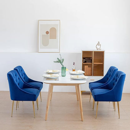 Modern Dining Chair Set of 2, Mid-Century Room Chair, Upholstered Comfortable Velvet with Back Pull Rod and Metal Legs for Kitchen, Dining, Living (Blue), (DYXSD)