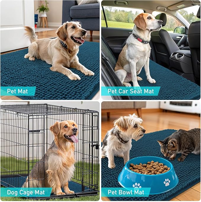 OLANLY Dog Door Mat for Muddy Paws 70x32, Absorbs Moisture and Dirt, Absorbent Non-Slip Washable Doormat, Quick Dry Chenille Mud Mat, Entry Indoor Entryway Carpet for Inside Floor, Atlantic Blue