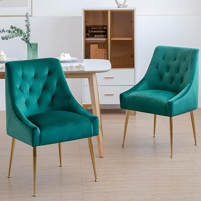 Modern Dining Chair Set of 2, Mid-Century Room Chair, Upholstered Comfortable Velvet with Back Pull Rod and Metal Legs for Kitchen, Dining, Living (Green), (DYXSD)