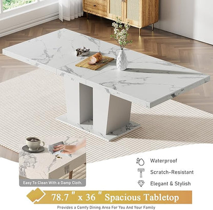 9-Piece Extendable Dining Table Set for 6-8 People 63-78 Inch Kitchen Table Set with 8 Beige Upholstered Chairs Modern White Faux Marble Rectangular Dining Room Table Set for Kitchen Apartment