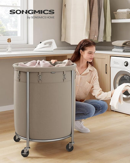 SONGMICS 50.2-Gallon (190 L) Laundry Basket with Wheels, Rolling Round Heavy-Duty Laundry Hamper Cart with Steel Frame and Removable Bag, 2 Locking Wheels, Camel Brown and Metallic Silver URLS001N01