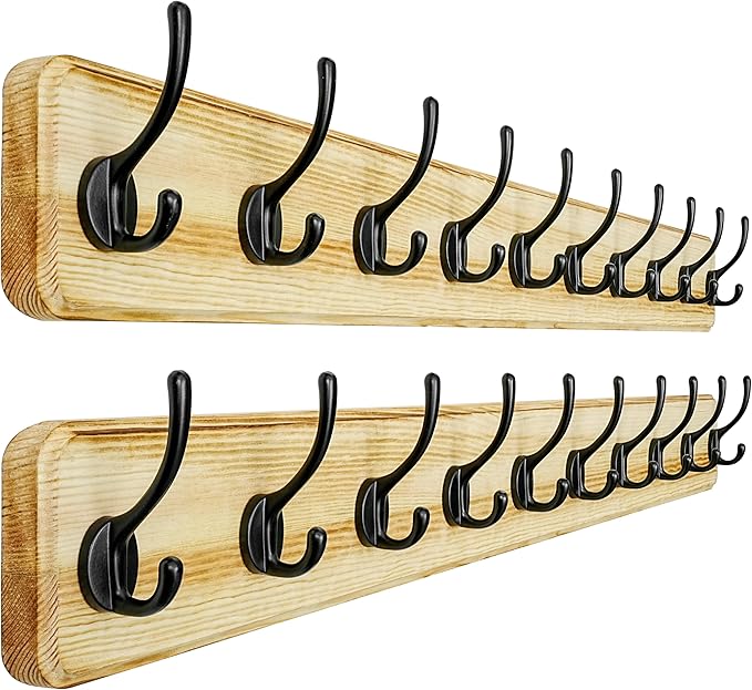 Dseap Coat Rack Wall: 38-1/4" Long, Patented, Heavy-Duty, 10-Double-Hooks Wooden Wall Mounted Coat Rack Coat Hanger Hook Rail for Winter Coats Hat Jacket Clothing, Light Brown, Pack of 2