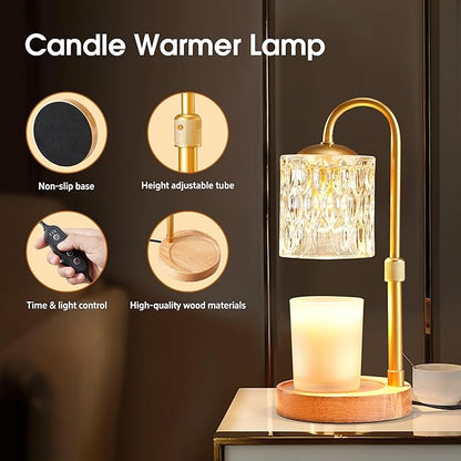 Briever Dimmable Candle Warmer Lamp with Timer, Height Adjustable Electric Candle Wax Warmer, Christmas Birthday Gifts for Women Mom, House Warming Gifts New Home Room Decor, Solid Wood Base