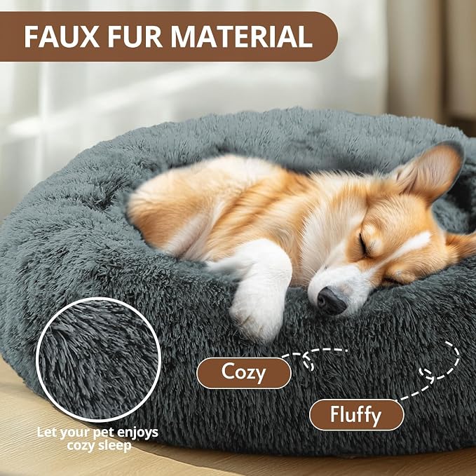 JOLLYVOGUE Calming Small Dog & Cat Bed for Indoor Cats - 20 inches Washable Donut Bed for Kittens & Puppies, Anti-Anxiety Round Fluffy Plush Pet Beds (Fits up to 15 lbs, Navy Grey)