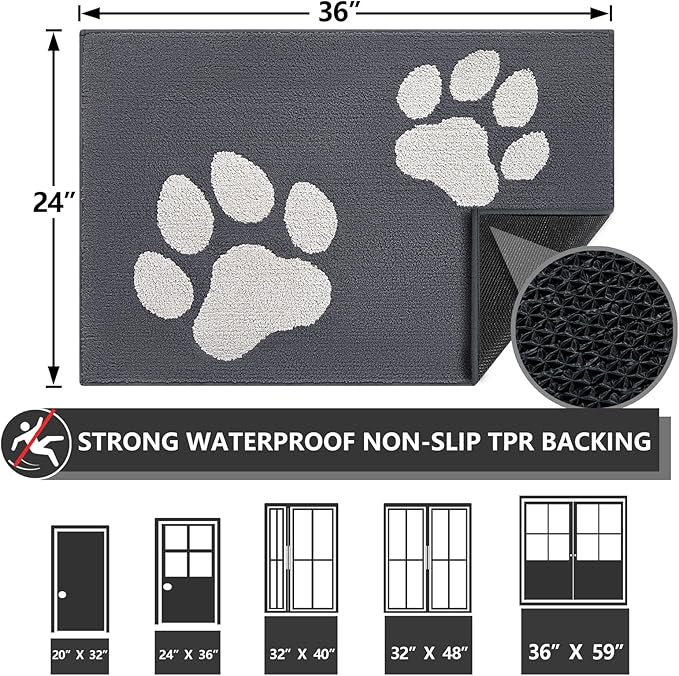 FONEYI Indoor Door Mat, 24"x36" Dog Mats for Muddy Paws, Rubber Backing Non Slip Super Absorbent Washable Entryway Rug, Low-Profile Front Back Door Mats, Inside Floor Doormats for Entryway, Dark Grey