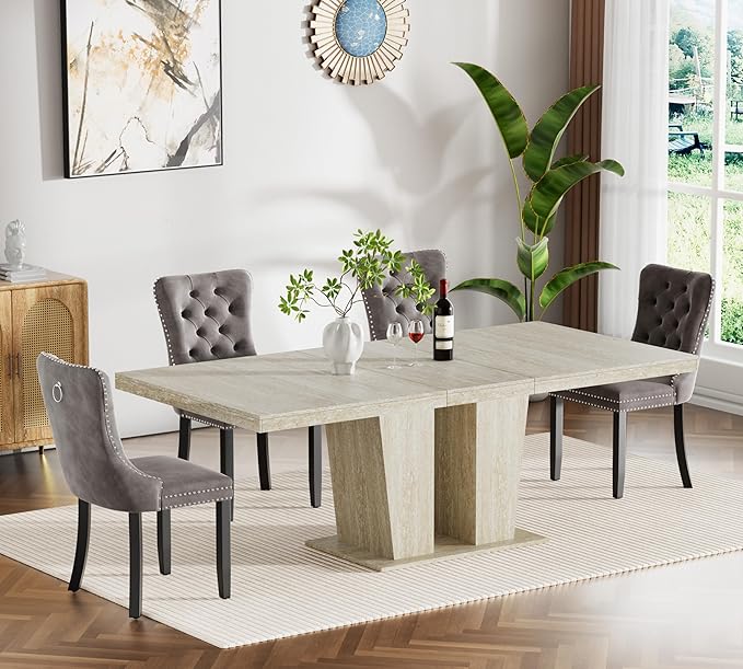Goujxcy 5-Piece Extendable Dining Table Set for 4, 63-78 Inch Faux Travetine Kitchen Table Set with 4 Grey Upholstered Chairs Modern Wood Expandable Dining Room Table Set for Kitchen Apartment