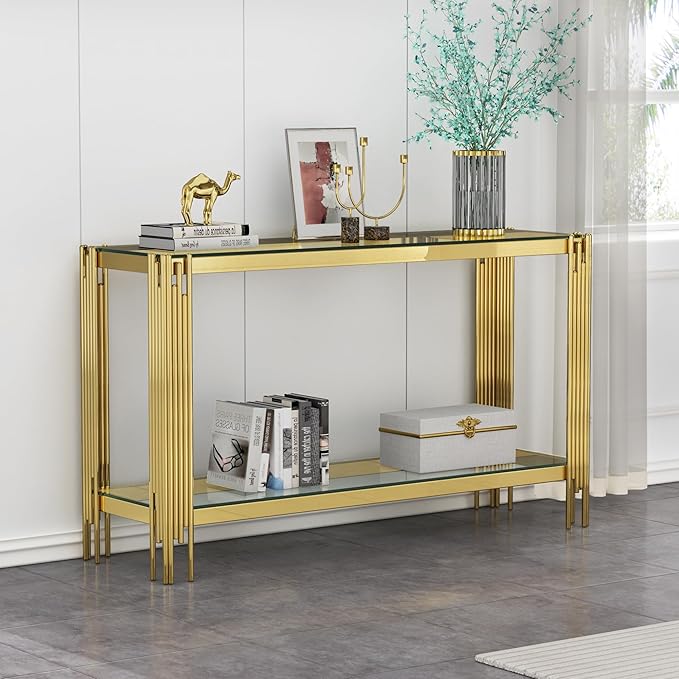 Goujxcy Modern Glass Console Table 55" Gold Entryway Table with Tempered Glass Top and Mirror Finish Stainless Steel Legs, Luxury Rectangular Sofa Table for Living Room Hallway Corridor Table (Gold)