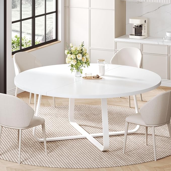 LVB Modern Round Dining Table, Wood Metal Kitchen Tables,Industrial Large Dinner Room Tables for 6 to 8, Circle Dining Room Table for Home Kitchen Living Room,White Oak,60 Inch