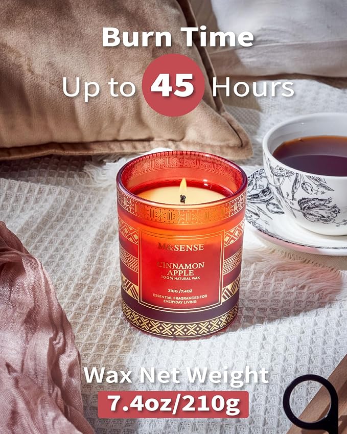 M&SENSE Christmas Candle, Cinnamon Apple Scented, Natural Non Toxic Soy Candle for Home Scented, Xmas Thanksgiving Gift, 45 Hour Long Burning Time, Luxury Gift for Men Women, 7.4 Oz