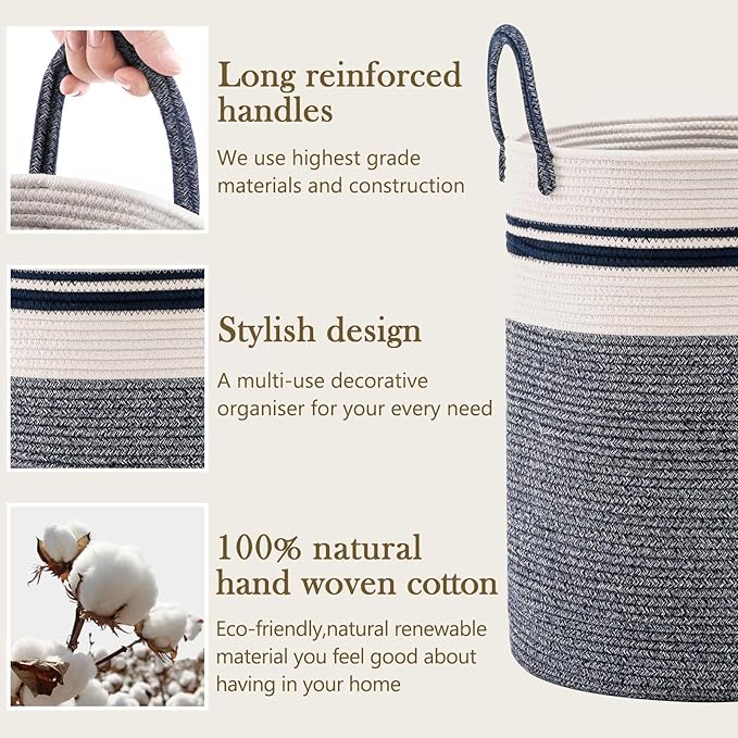 Woven Rope Laundry Hamper Basket by YOUDENOVA, 58L Tall Luandry Basket, Baby Nursery Hamper for Blanket Storage in Bedroom-Large-Blue
