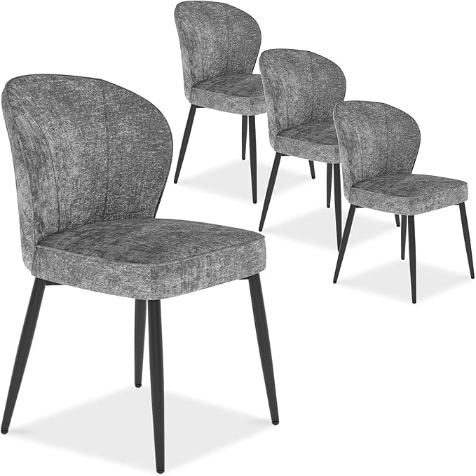 Dining Chairs Set of 4, Modern Fabric Dining Room Chairs with Curved Backrest Well-Padded Seat, Upholstered Kitchen Chairs for Living Dining Room, Grey