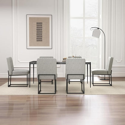VKNOW Upholstered Dining Chairs Set of 6, Modern Dining Room Chairs with Stripe, Linen Kitchen Chair Dinner Chair with Black Metal Base for Kitchen Office, Light Grey