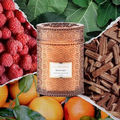 LA JOLIE MUSE Sylvan Figue Candle | Fig Leaf, Red Berries, Sandalwood | 19 oz Large Wooden Wick Candle | Natural Soy Wax | 90 Hours Clean Burn | Gift-Ready for Hosts | Elegant Home Décor