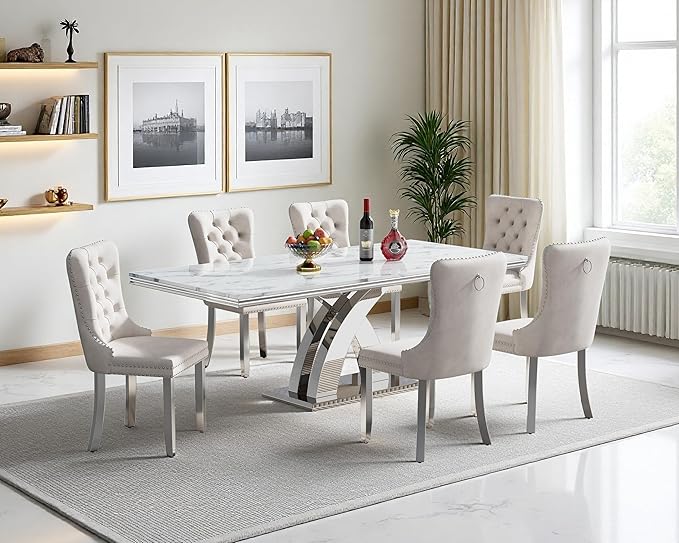 Goujxcy 68" Faux Marble Dining Table Set for 6, 7-Piece Dining Set with White Silver Kitchen Table and 6 Velvet Tufted Chairs, Modern Rectangular Dining Room Table with X-Shape Stainless Steel Base