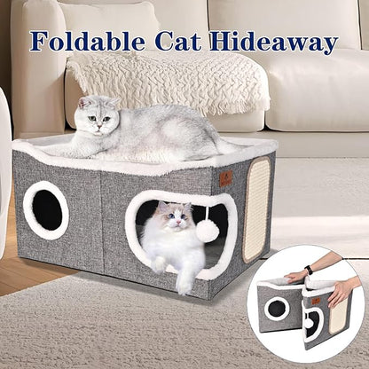 Extra Large Cat Beds for Indoor Cats, Covered Cat Cave Beds & Furniture with Scratch Pad and Fluffy Ball, Foldable Cat Condo Hideaway with Reversible Cushion for Multi Small Pet Large Kittens, Grey