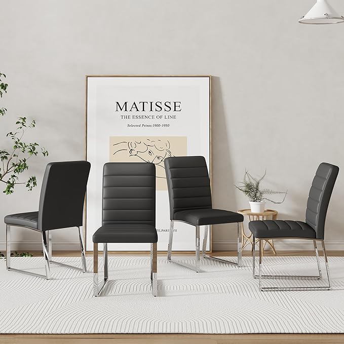 Modern Dining Chairs Set of 4, White Faux Leather Kitchen Chairs, Upholstered Armless Dining Room Chair with Gold Mental Legs Heavy Duty, Comfortable (Black Chairs, Set of 4)