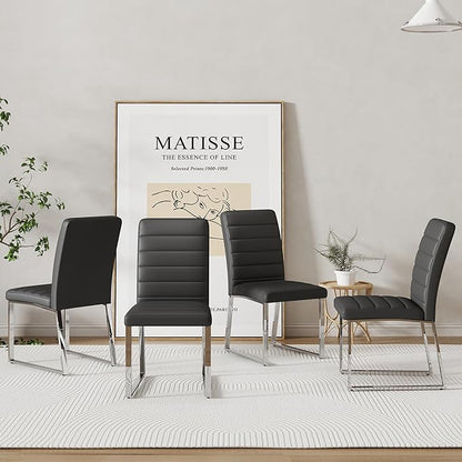 Modern Dining Chairs Set of 4, White Faux Leather Kitchen Chairs, Upholstered Armless Dining Room Chair with Gold Mental Legs Heavy Duty, Comfortable (Black Chairs, Set of 4)
