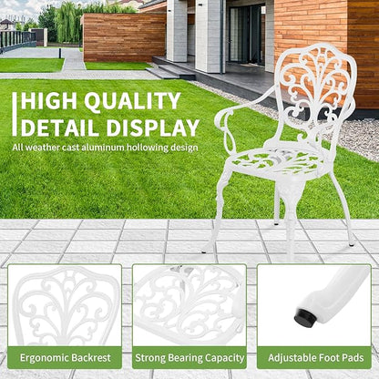 Cast Aluminum Bistro Table and Chairs Set of 2 with Umbrella Hole for Yard (WHITE1)