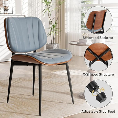 Dining Chairs Set of 6, Mid Century Modern Dining Room Chairs, Upholstered Faux Leather Kitchen Chairs with Walnut Bentwood Back and Metal Legs, Blue