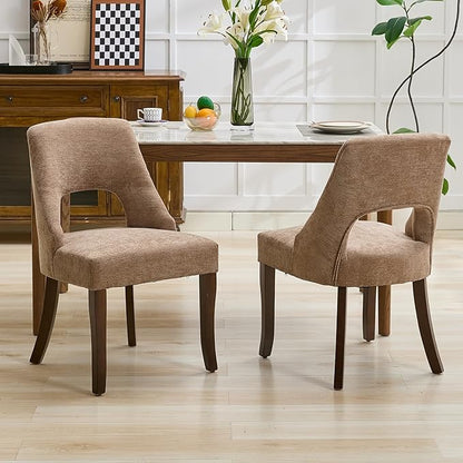UVV Wooden Dining Chairs Set of 2, Mid Century Modern Upholstered Dining Room Chair Kitchen Chairs, Chenille Dinner Chair with Solid Wood Legs for Kitchen Dining Room, Khaki-Chenille