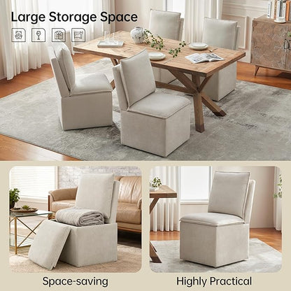 VKNOW Upholstered Dining Chairs Set of 2, Modern Rolling Chairs with Storage and Wheels, Linen Armless Chair with Cushion and Backrest, Dining Room Chairs for Living Room Kitchen Bedroom, Beige
