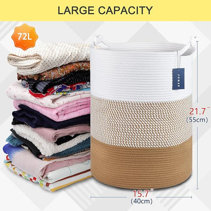 COMSE Extra Large Blanket Basket, Tall Woven Storage Basket, Nursery Hamper, 15.7”x 21.7”, Cotton Rope Laundry Hamper for Toys Clothes Towels, White/Camel