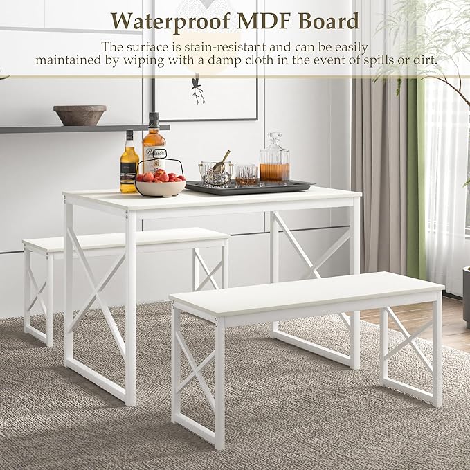 VECELO Kitchen Dining Table Benches Set for 4, 43.3" Wooden Dinette with 2 Benches, Heavy-Duty Dining Room Table for Small Space, Breakfast Nook, White
