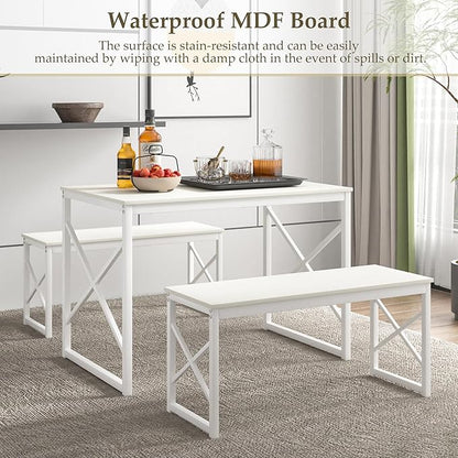 VECELO Kitchen Dining Table Benches Set for 4, 43.3" Wooden Dinette with 2 Benches, Heavy-Duty Dining Room Table for Small Space, Breakfast Nook, White