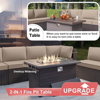 Kurapika 7 Pieces Patio Furniture Set, Rattan Wicker Outdoor Conversation Sets w/43in Propane Fire Pit Table and 4 Inch Cushion(Sand)